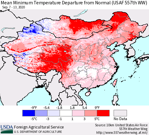 China, Mongolia and Taiwan Mean Minimum Temperature Departure from Normal (USAF 557th WW) Thematic Map For 9/7/2020 - 9/13/2020