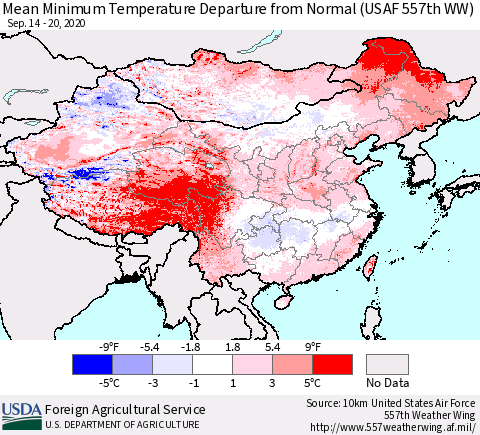 China, Mongolia and Taiwan Mean Minimum Temperature Departure from Normal (USAF 557th WW) Thematic Map For 9/14/2020 - 9/20/2020