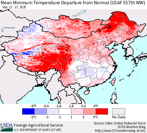 China, Mongolia and Taiwan Mean Minimum Temperature Departure from Normal (USAF 557th WW) Thematic Map For 9/21/2020 - 9/27/2020