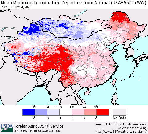 China, Mongolia and Taiwan Mean Minimum Temperature Departure from Normal (USAF 557th WW) Thematic Map For 9/28/2020 - 10/4/2020