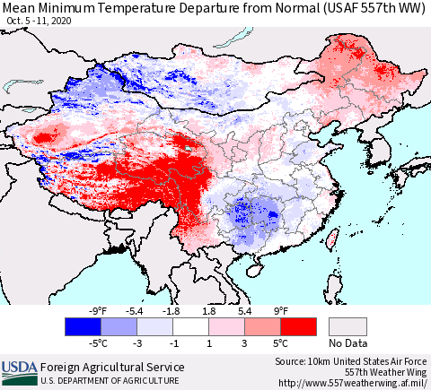 China, Mongolia and Taiwan Mean Minimum Temperature Departure from Normal (USAF 557th WW) Thematic Map For 10/5/2020 - 10/11/2020