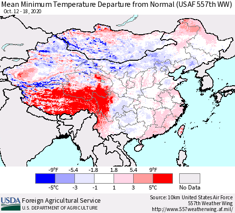 China, Mongolia and Taiwan Mean Minimum Temperature Departure from Normal (USAF 557th WW) Thematic Map For 10/12/2020 - 10/18/2020