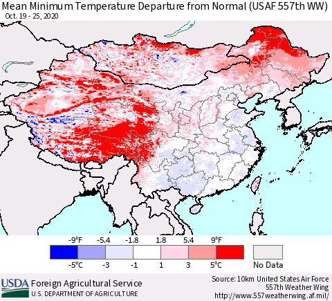 China, Mongolia and Taiwan Mean Minimum Temperature Departure from Normal (USAF 557th WW) Thematic Map For 10/19/2020 - 10/25/2020