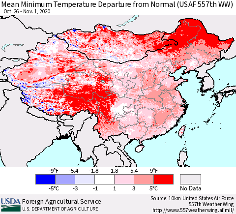 China, Mongolia and Taiwan Mean Minimum Temperature Departure from Normal (USAF 557th WW) Thematic Map For 10/26/2020 - 11/1/2020