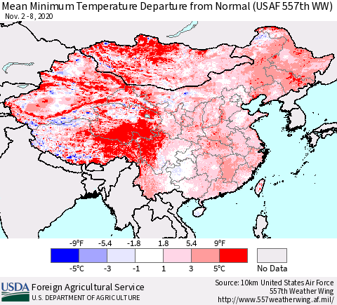 China, Mongolia and Taiwan Mean Minimum Temperature Departure from Normal (USAF 557th WW) Thematic Map For 11/2/2020 - 11/8/2020
