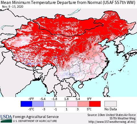 China, Mongolia and Taiwan Mean Minimum Temperature Departure from Normal (USAF 557th WW) Thematic Map For 11/9/2020 - 11/15/2020