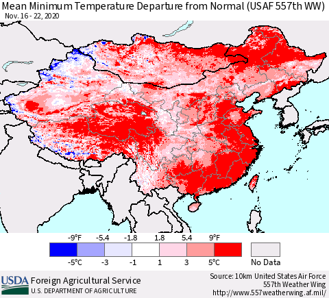 China, Mongolia and Taiwan Mean Minimum Temperature Departure from Normal (USAF 557th WW) Thematic Map For 11/16/2020 - 11/22/2020
