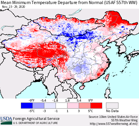 China, Mongolia and Taiwan Mean Minimum Temperature Departure from Normal (USAF 557th WW) Thematic Map For 11/23/2020 - 11/29/2020