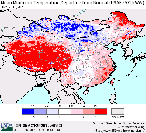 China, Mongolia and Taiwan Mean Minimum Temperature Departure from Normal (USAF 557th WW) Thematic Map For 12/7/2020 - 12/13/2020
