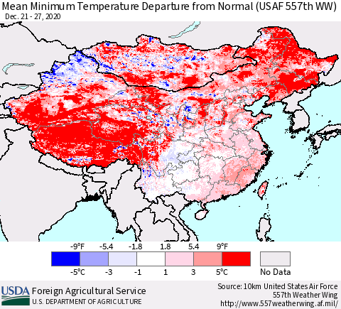China, Mongolia and Taiwan Mean Minimum Temperature Departure from Normal (USAF 557th WW) Thematic Map For 12/21/2020 - 12/27/2020