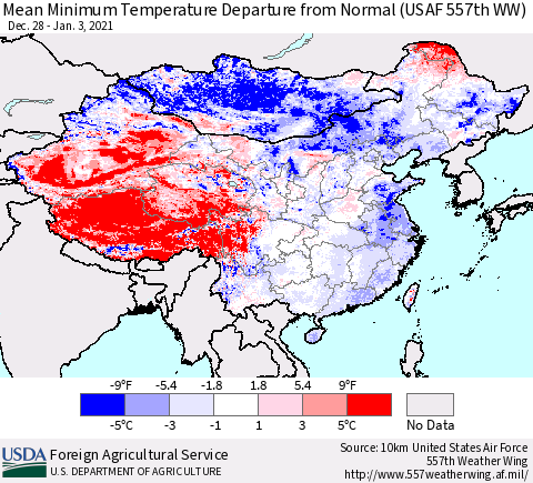 China, Mongolia and Taiwan Mean Minimum Temperature Departure from Normal (USAF 557th WW) Thematic Map For 12/28/2020 - 1/3/2021