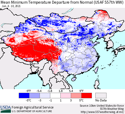China, Mongolia and Taiwan Mean Minimum Temperature Departure from Normal (USAF 557th WW) Thematic Map For 1/4/2021 - 1/10/2021
