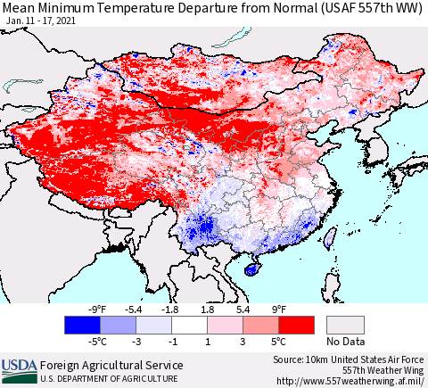 China, Mongolia and Taiwan Mean Minimum Temperature Departure from Normal (USAF 557th WW) Thematic Map For 1/11/2021 - 1/17/2021