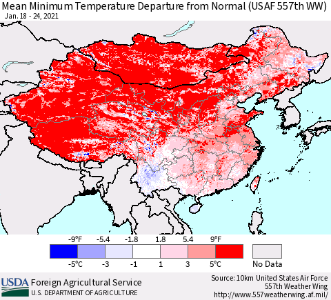 China, Mongolia and Taiwan Mean Minimum Temperature Departure from Normal (USAF 557th WW) Thematic Map For 1/18/2021 - 1/24/2021