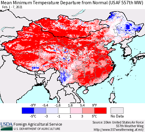 China, Mongolia and Taiwan Mean Minimum Temperature Departure from Normal (USAF 557th WW) Thematic Map For 2/1/2021 - 2/7/2021