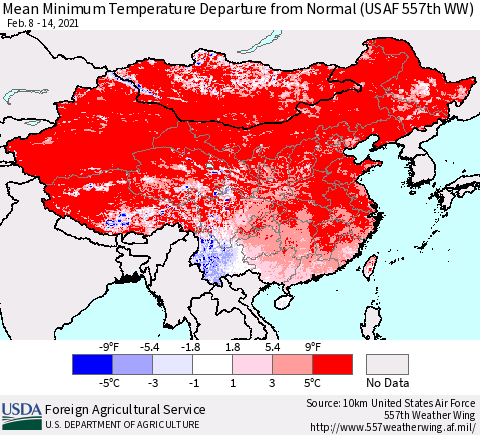China, Mongolia and Taiwan Mean Minimum Temperature Departure from Normal (USAF 557th WW) Thematic Map For 2/8/2021 - 2/14/2021