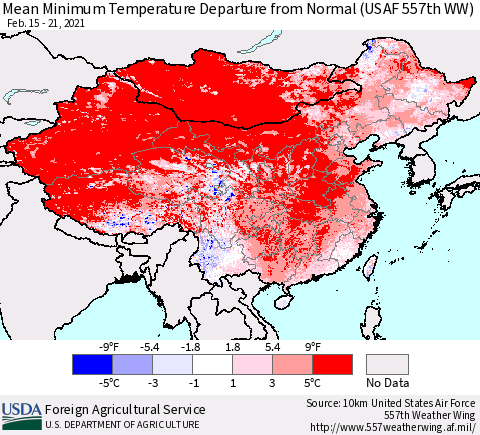 China, Mongolia and Taiwan Mean Minimum Temperature Departure from Normal (USAF 557th WW) Thematic Map For 2/15/2021 - 2/21/2021