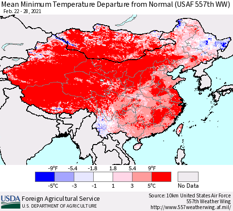 China, Mongolia and Taiwan Mean Minimum Temperature Departure from Normal (USAF 557th WW) Thematic Map For 2/22/2021 - 2/28/2021