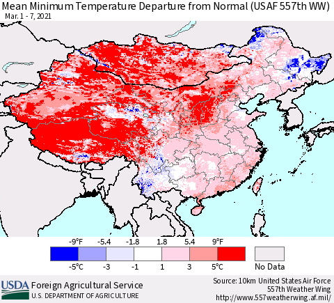 China, Mongolia and Taiwan Mean Minimum Temperature Departure from Normal (USAF 557th WW) Thematic Map For 3/1/2021 - 3/7/2021