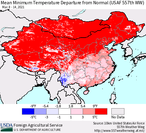 China, Mongolia and Taiwan Mean Minimum Temperature Departure from Normal (USAF 557th WW) Thematic Map For 3/8/2021 - 3/14/2021