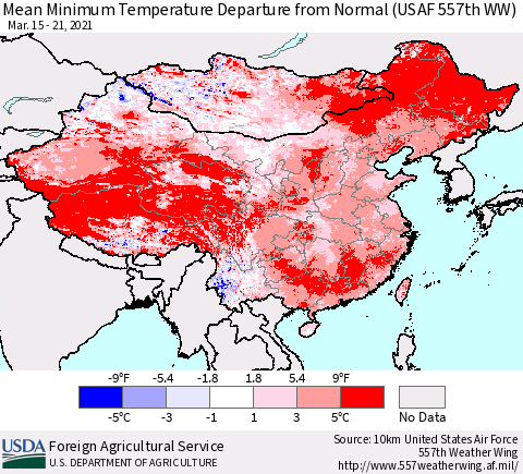 China, Mongolia and Taiwan Mean Minimum Temperature Departure from Normal (USAF 557th WW) Thematic Map For 3/15/2021 - 3/21/2021