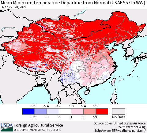 China, Mongolia and Taiwan Mean Minimum Temperature Departure from Normal (USAF 557th WW) Thematic Map For 3/22/2021 - 3/28/2021
