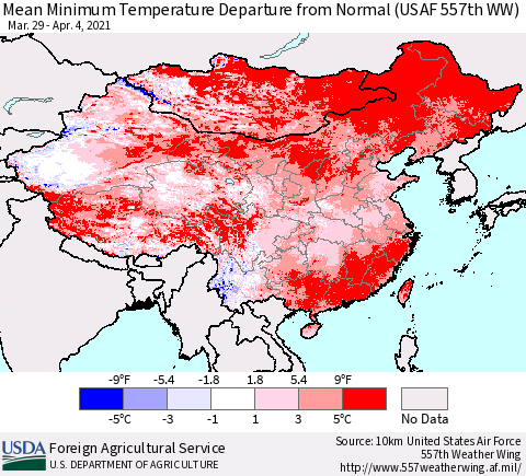 China, Mongolia and Taiwan Mean Minimum Temperature Departure from Normal (USAF 557th WW) Thematic Map For 3/29/2021 - 4/4/2021
