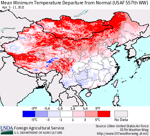 China, Mongolia and Taiwan Mean Minimum Temperature Departure from Normal (USAF 557th WW) Thematic Map For 4/5/2021 - 4/11/2021