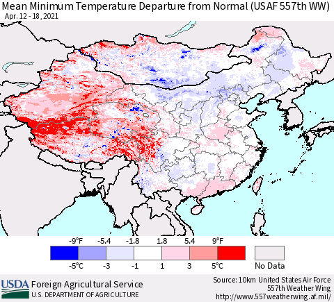 China, Mongolia and Taiwan Mean Minimum Temperature Departure from Normal (USAF 557th WW) Thematic Map For 4/12/2021 - 4/18/2021