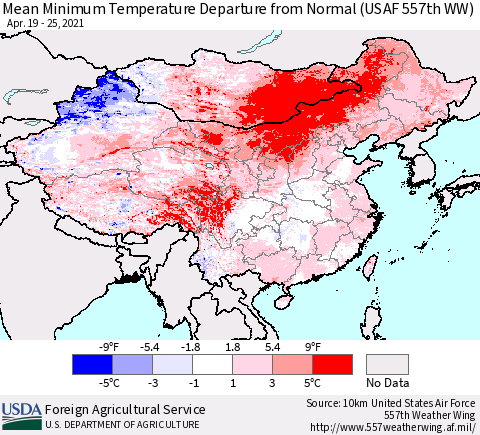 China, Mongolia and Taiwan Mean Minimum Temperature Departure from Normal (USAF 557th WW) Thematic Map For 4/19/2021 - 4/25/2021
