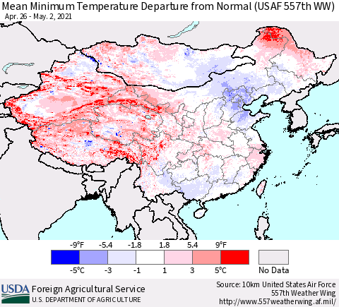 China, Mongolia and Taiwan Mean Minimum Temperature Departure from Normal (USAF 557th WW) Thematic Map For 4/26/2021 - 5/2/2021