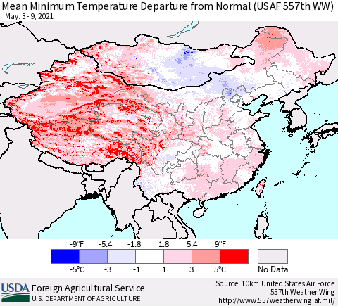 China, Mongolia and Taiwan Mean Minimum Temperature Departure from Normal (USAF 557th WW) Thematic Map For 5/3/2021 - 5/9/2021