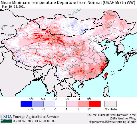 China, Mongolia and Taiwan Mean Minimum Temperature Departure from Normal (USAF 557th WW) Thematic Map For 5/10/2021 - 5/16/2021