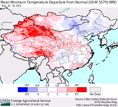 China, Mongolia and Taiwan Mean Minimum Temperature Departure from Normal (USAF 557th WW) Thematic Map For 5/24/2021 - 5/30/2021