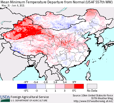 China, Mongolia and Taiwan Mean Minimum Temperature Departure from Normal (USAF 557th WW) Thematic Map For 5/31/2021 - 6/6/2021