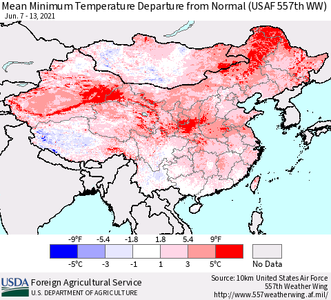 China, Mongolia and Taiwan Mean Minimum Temperature Departure from Normal (USAF 557th WW) Thematic Map For 6/7/2021 - 6/13/2021