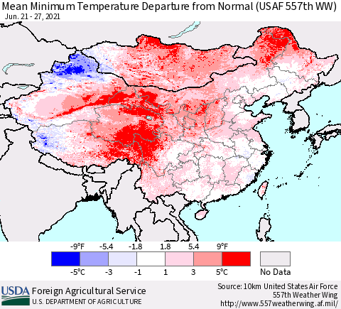 China, Mongolia and Taiwan Mean Minimum Temperature Departure from Normal (USAF 557th WW) Thematic Map For 6/21/2021 - 6/27/2021
