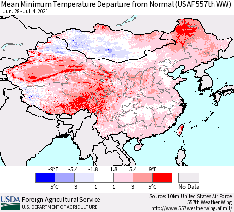China, Mongolia and Taiwan Mean Minimum Temperature Departure from Normal (USAF 557th WW) Thematic Map For 6/28/2021 - 7/4/2021