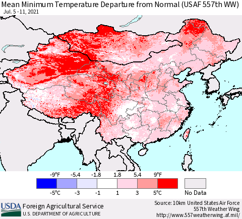 China, Mongolia and Taiwan Mean Minimum Temperature Departure from Normal (USAF 557th WW) Thematic Map For 7/5/2021 - 7/11/2021