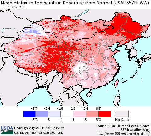 China, Mongolia and Taiwan Mean Minimum Temperature Departure from Normal (USAF 557th WW) Thematic Map For 7/12/2021 - 7/18/2021