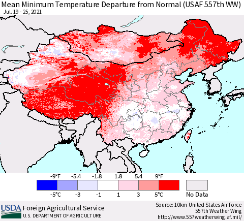 China, Mongolia and Taiwan Mean Minimum Temperature Departure from Normal (USAF 557th WW) Thematic Map For 7/19/2021 - 7/25/2021