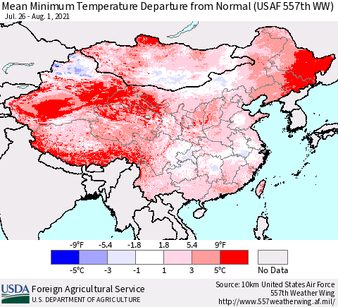 China, Mongolia and Taiwan Mean Minimum Temperature Departure from Normal (USAF 557th WW) Thematic Map For 7/26/2021 - 8/1/2021