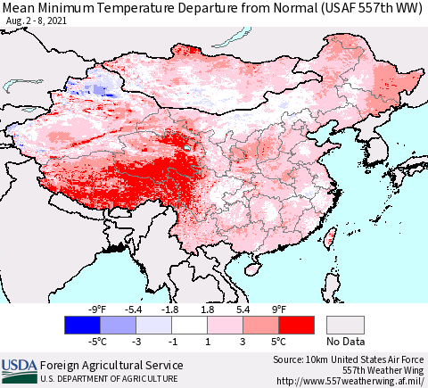 China, Mongolia and Taiwan Mean Minimum Temperature Departure from Normal (USAF 557th WW) Thematic Map For 8/2/2021 - 8/8/2021