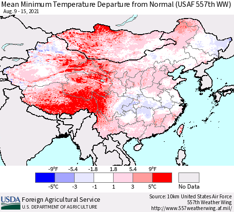 China, Mongolia and Taiwan Mean Minimum Temperature Departure from Normal (USAF 557th WW) Thematic Map For 8/9/2021 - 8/15/2021