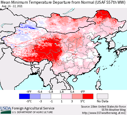 China, Mongolia and Taiwan Mean Minimum Temperature Departure from Normal (USAF 557th WW) Thematic Map For 8/16/2021 - 8/22/2021