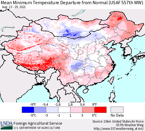 China, Mongolia and Taiwan Mean Minimum Temperature Departure from Normal (USAF 557th WW) Thematic Map For 8/23/2021 - 8/29/2021