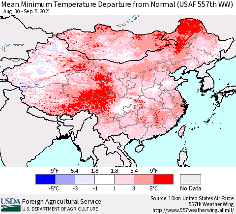 China, Mongolia and Taiwan Mean Minimum Temperature Departure from Normal (USAF 557th WW) Thematic Map For 8/30/2021 - 9/5/2021