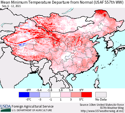 China, Mongolia and Taiwan Mean Minimum Temperature Departure from Normal (USAF 557th WW) Thematic Map For 9/6/2021 - 9/12/2021