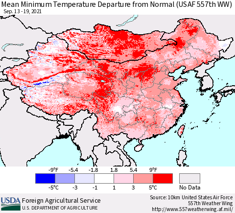 China, Mongolia and Taiwan Mean Minimum Temperature Departure from Normal (USAF 557th WW) Thematic Map For 9/13/2021 - 9/19/2021