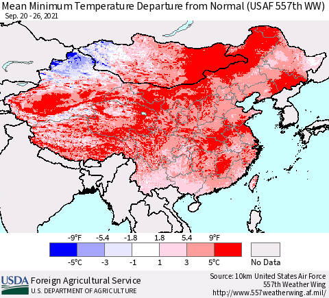 China, Mongolia and Taiwan Mean Minimum Temperature Departure from Normal (USAF 557th WW) Thematic Map For 9/20/2021 - 9/26/2021